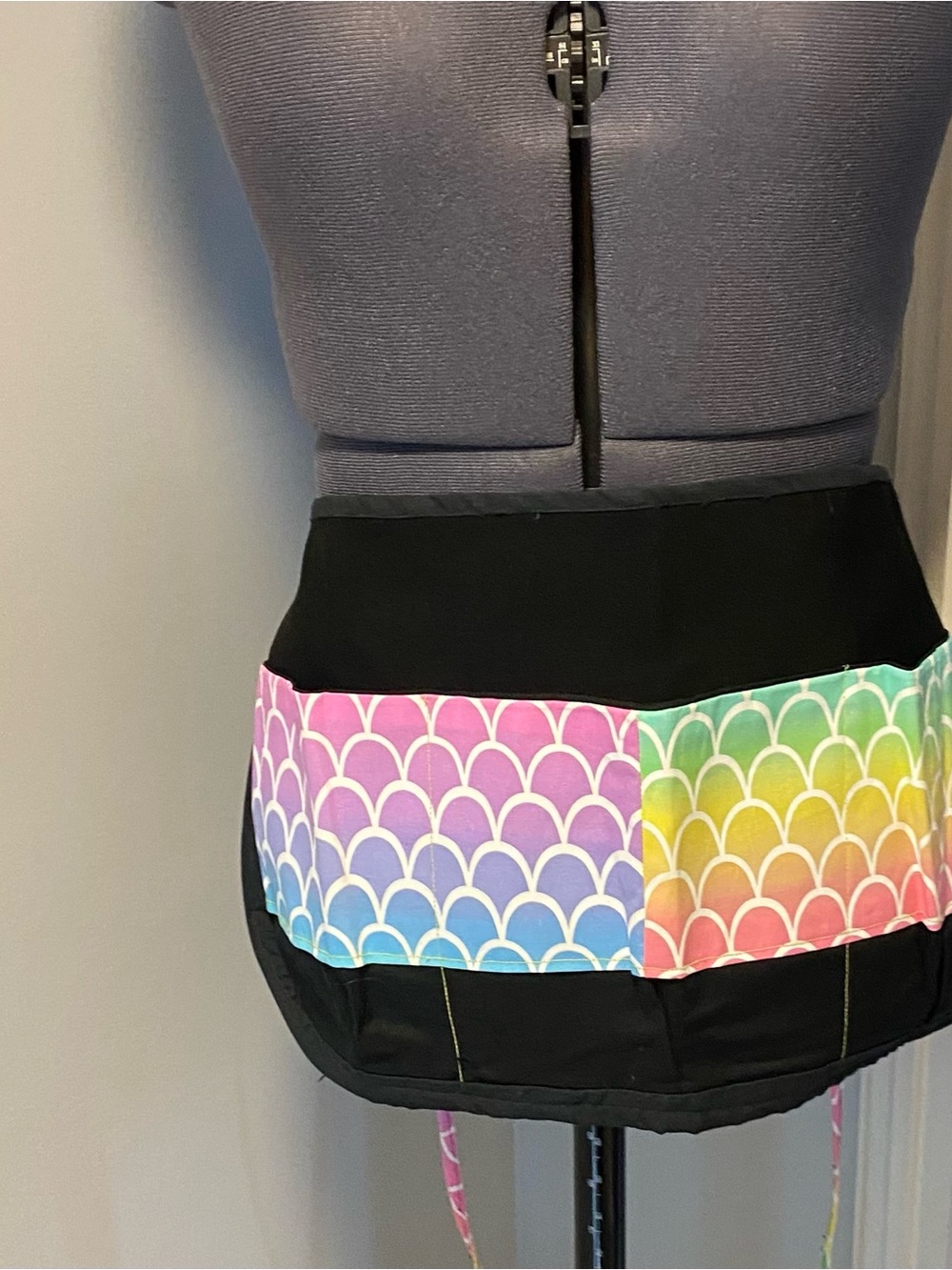 Black Waist Apron Skirt with Rainbow Scallop mermaid Panel. Three pocket